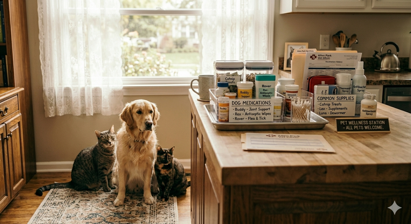 Dog and cats at home with pet medications on the kitchen counter