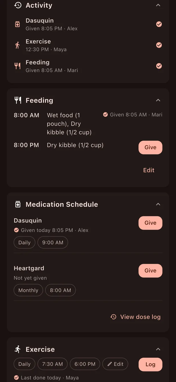 Pett activity feed showing who logged each task — Alex gave the medication, Maya walked the dog, Mari handled feeding.