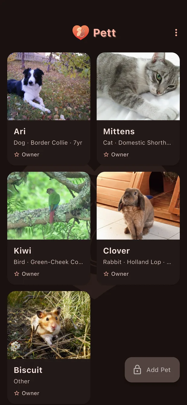 The Pett home screen showing a family's pets — a dog, cat, bird and rabbit — each with their own profile.